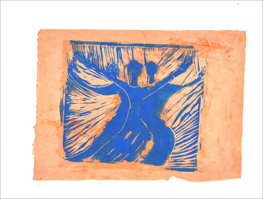 A linocut print made with bright blue ink on peach colored tissue paper. The tissue paper is adhered to a larger piece of white paper. The blue printed image is three "praise dancers" looking upward. They wear long sleeve dresses and raise their arms up. Blue stripes radiate out behind them and reveal the direction of the carving tool as it cleared the linoleum away around the figures. 