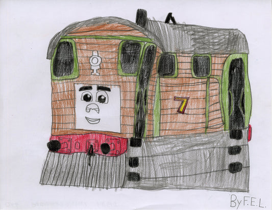 a colored pencil drawing on white paper. The image is of an old-fashioned train engine with a face, based on a character from the series "Thomas the Tank Engine and Friends." This character has a square white face with big eyes and a smile. The body of the character is a boxy wood paneled train car, colored brown with a grey roof and green stripe accents. The number 7 is drawn on its side. 