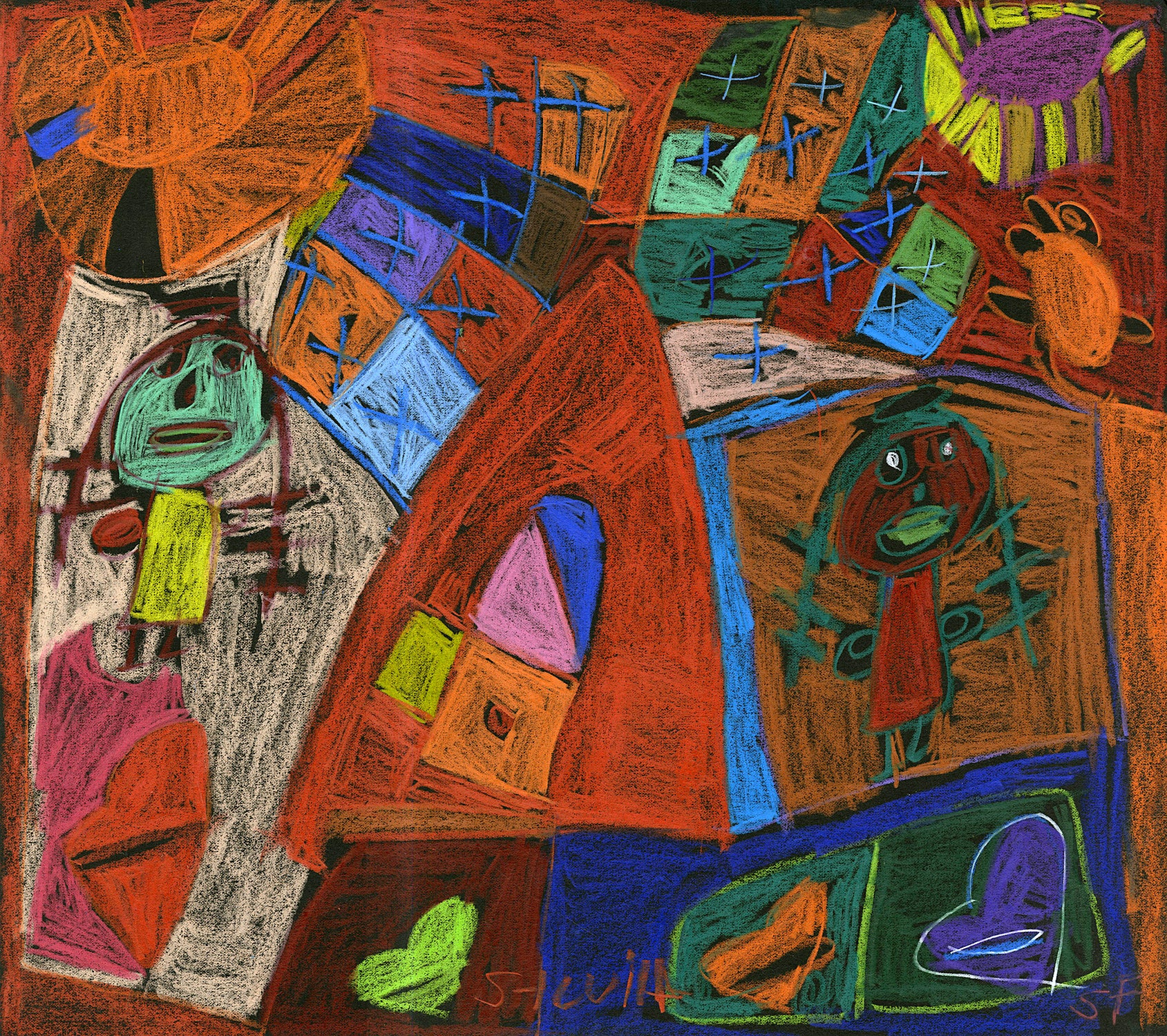 A colorful graphite drawing on black paper featuring two people, and several heart shapes, all set against a background of colorful geometric forms and a bright orange sun in the top left corner. Scattered throughout the piece are repeated symbols such as crosses and hearts. The composition is arranged in the foreground with a flat perspective, giving the drawing a playful quality.
