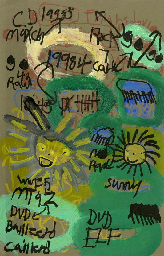 A work on brown-toned paper made using black and brown markers and green and yellow paint. Symbols and text referring to weather patterns, dates, and tv programs fill the entire surface of the page. There are yellow smiling suns and blue or black rainclouds. The artist has circled some of these symbols with green or yellow paint. The image has been built up in several layers of these notational drawings. 