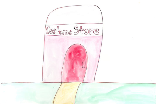 A work on paper made with marker and watercolor. The image features a domed pink building with a closed pink door. The words "Costume Store" are written in bubble letters on a banner across the building's facade. The building sits on a green colored ground and a little yellow path leads to the door.