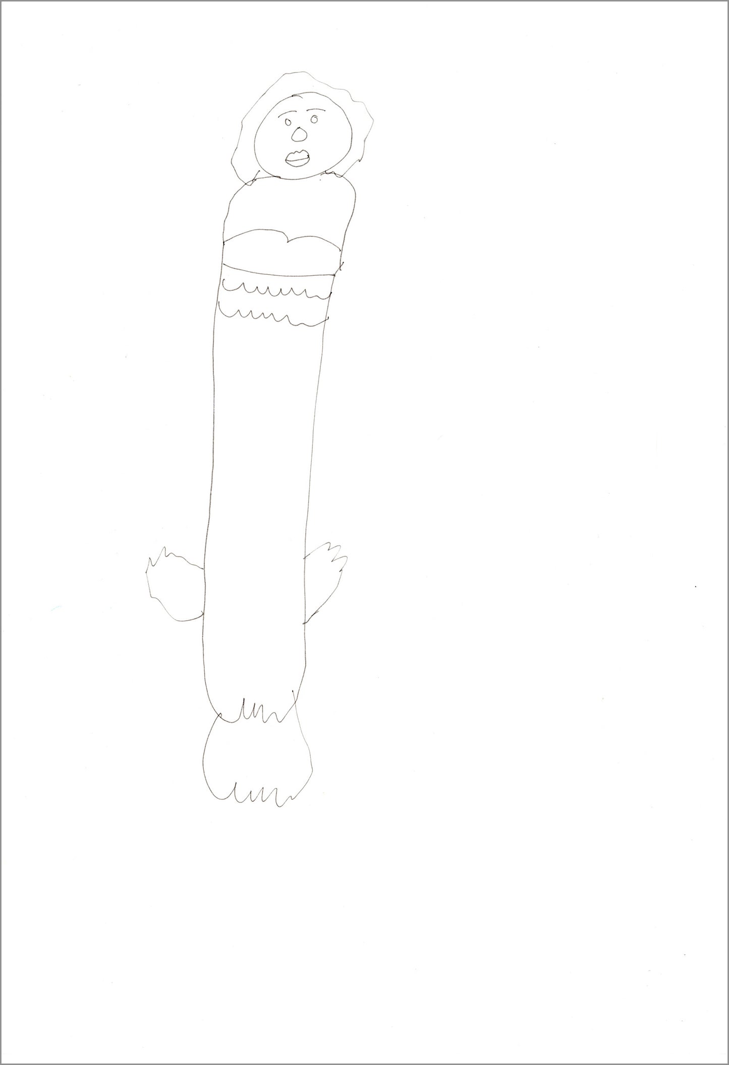 A pencil line drawing of a stylized figure on white paper. The figure has a round head, little wings, and a long tube body with a tiered robe. The figure is drawn slightly to the left of the center of the paper.