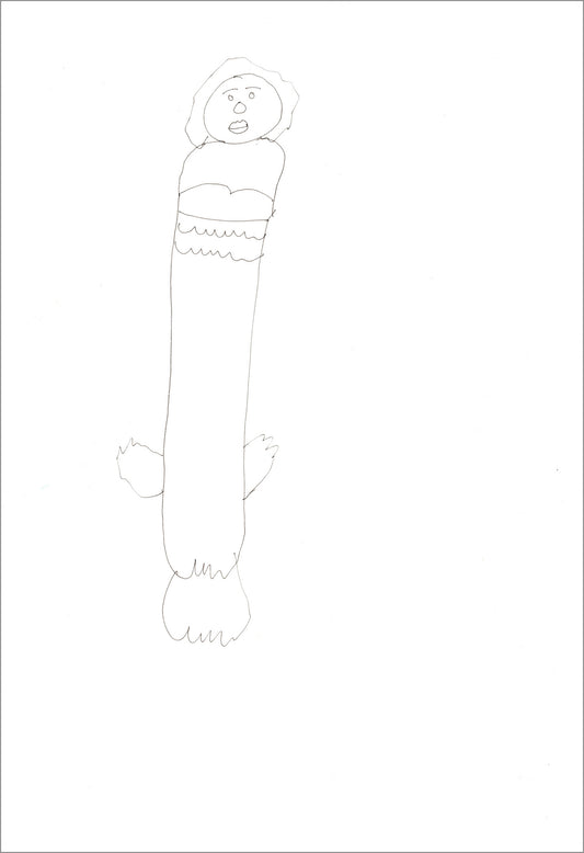 A pencil line drawing of a stylized figure on white paper. The figure has a round head, little wings, and a long tube body with a tiered robe. The figure is drawn slightly to the left of the center of the paper.