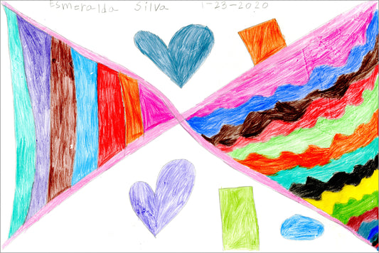 A colored pencil drawing on white paper. Spanning the surface of the paper is a large bowtie shape. The bowtie is colored with a rainbow of vertical stripes on the left side, and wavy horizontal stripes on the right. Hearts and squares float in the space around the bowtie. The artist signed their name and dated the drawing in pencil on the top edge of the paper, writing "Esmeralda Silva 1 - 23 - 2020"