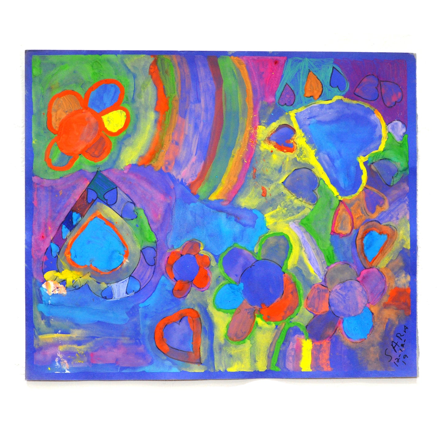 a colorful painting on paper: blue and red hearts and flowers float around a blue, pink, and green surface. There are vertical rainbow stripes in the center top and the artist's name Sara and date 12-12-19 written on the lower right corner.