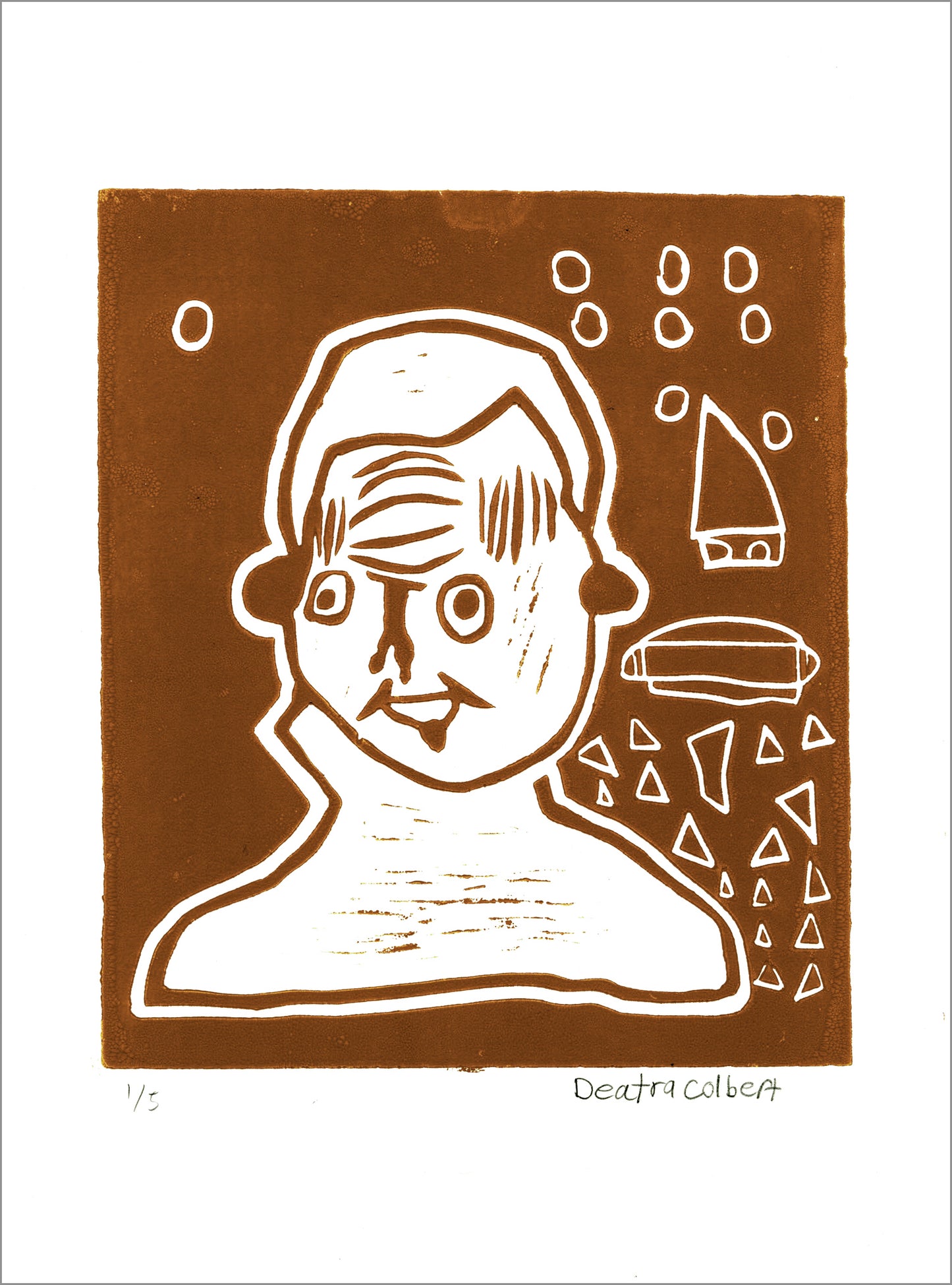 a print on paper: on a brown square, there is the bust of a figure. The face has wide eyes and a smile. Geometric symbols float in the space to their left. 