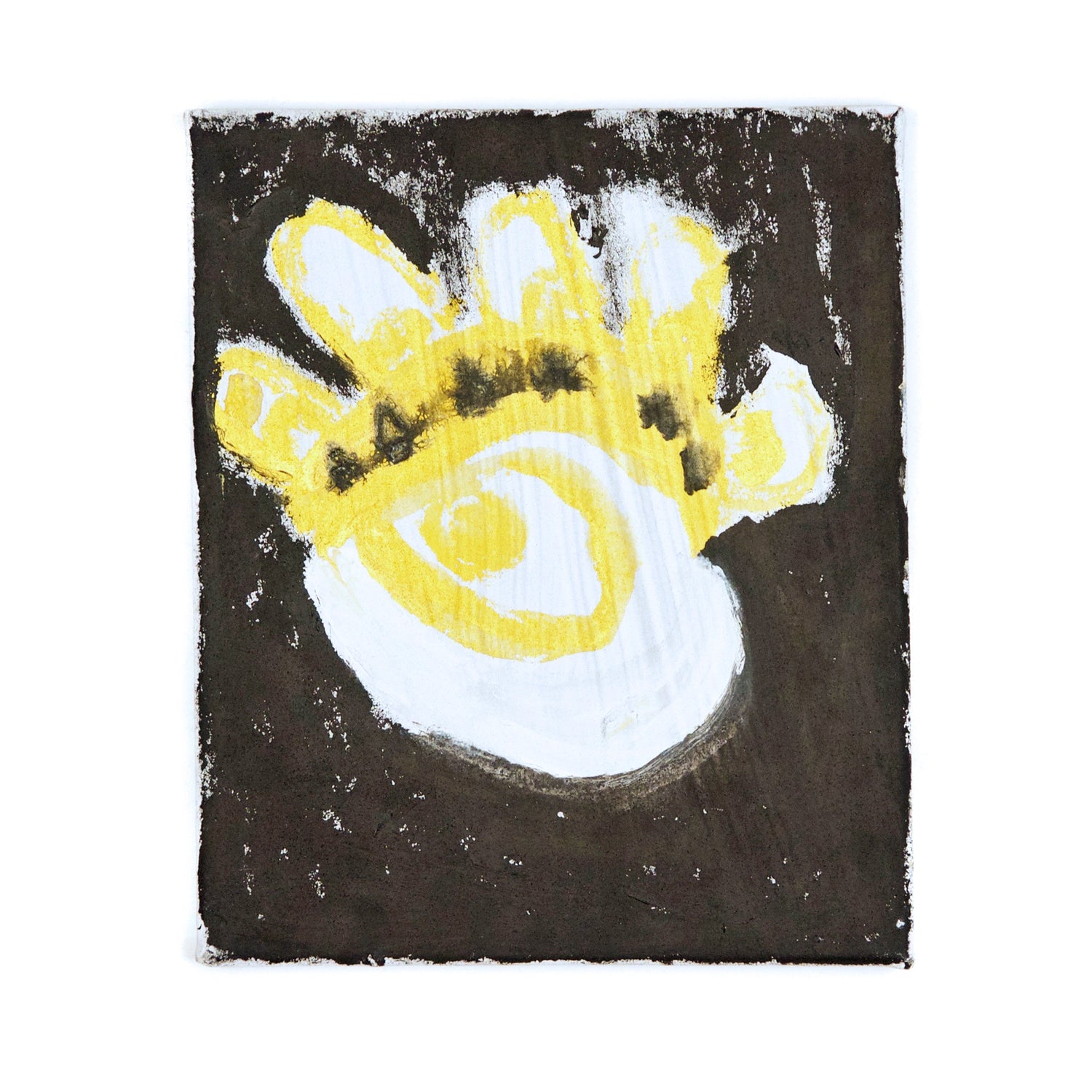 a small painting on canvas made using black and yellow paint. In the center of the canvas is a large symbol that is shaped like an eye looking toward the left. There are several thick lashes fanned out above the eye, painted yellow and white. The background is painted in vertical strokes of warm black paint. 