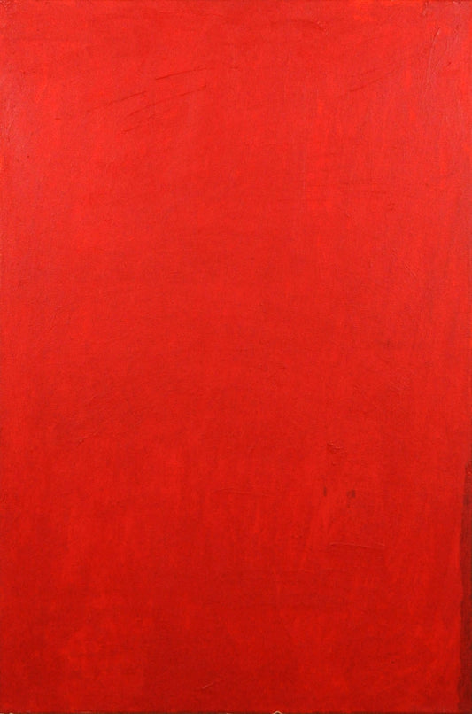 a monochromatic painting on a tall rectangular canvas. the entire surface is covered in a smooth layer of striking bright red paint.