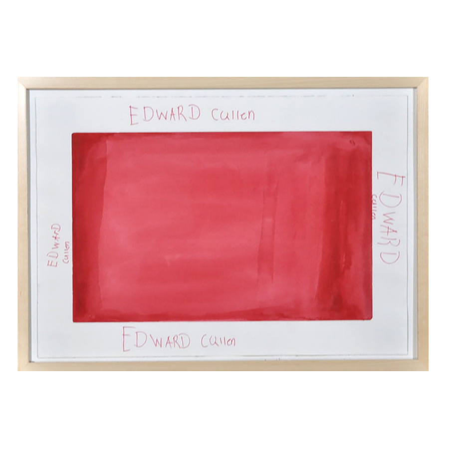 A drawing on white paper in a wood frame. The image is a red rectangle with the name "Edward Cullen" written 4 times around the border of the rectangle.