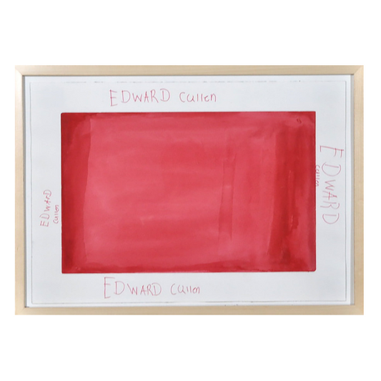 A drawing on white paper in a wood frame. The image is a red rectangle with the name "Edward Cullen" written 4 times around the border of the rectangle.