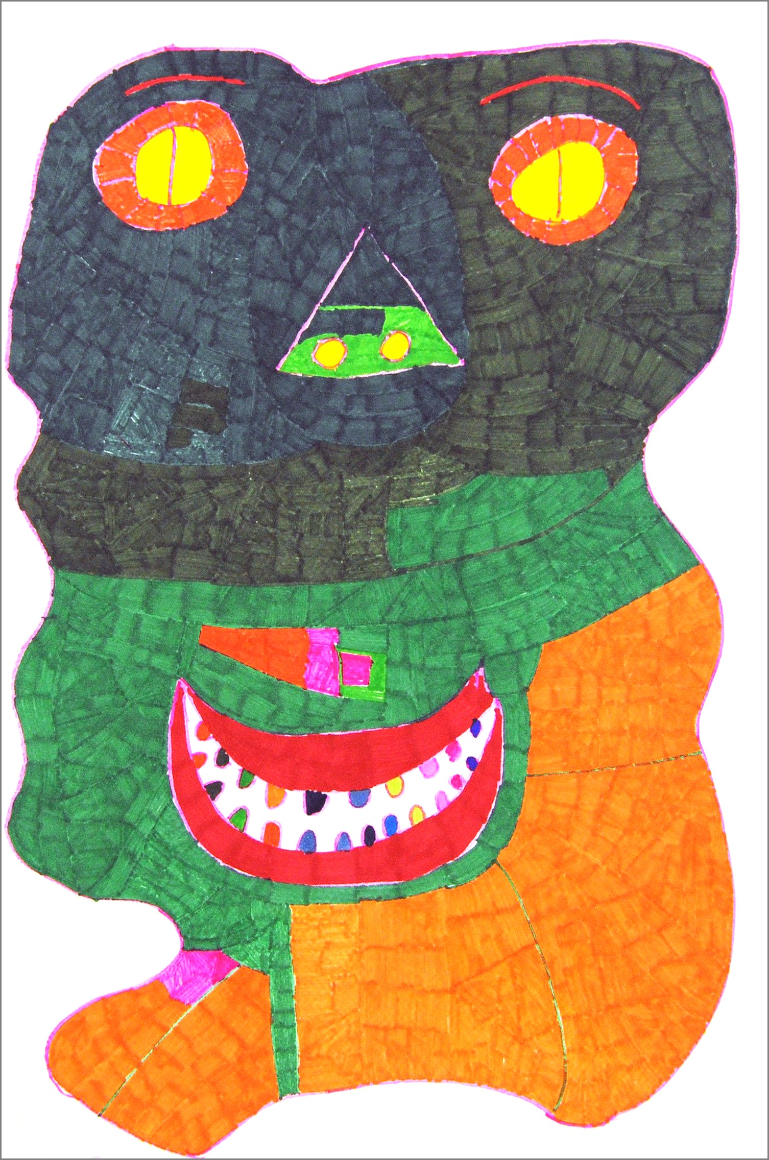 a drawing with marker of a surreal face - bright red mouth with rainbow teeth, and half green half-black nose with yellow nostrils, outlined in purple, two red rimmed eyes with red eyebrows and yellow irises. each feature is spread out on an elongated, undulating face filled in with dense colored marks in dark blue, green and orange.