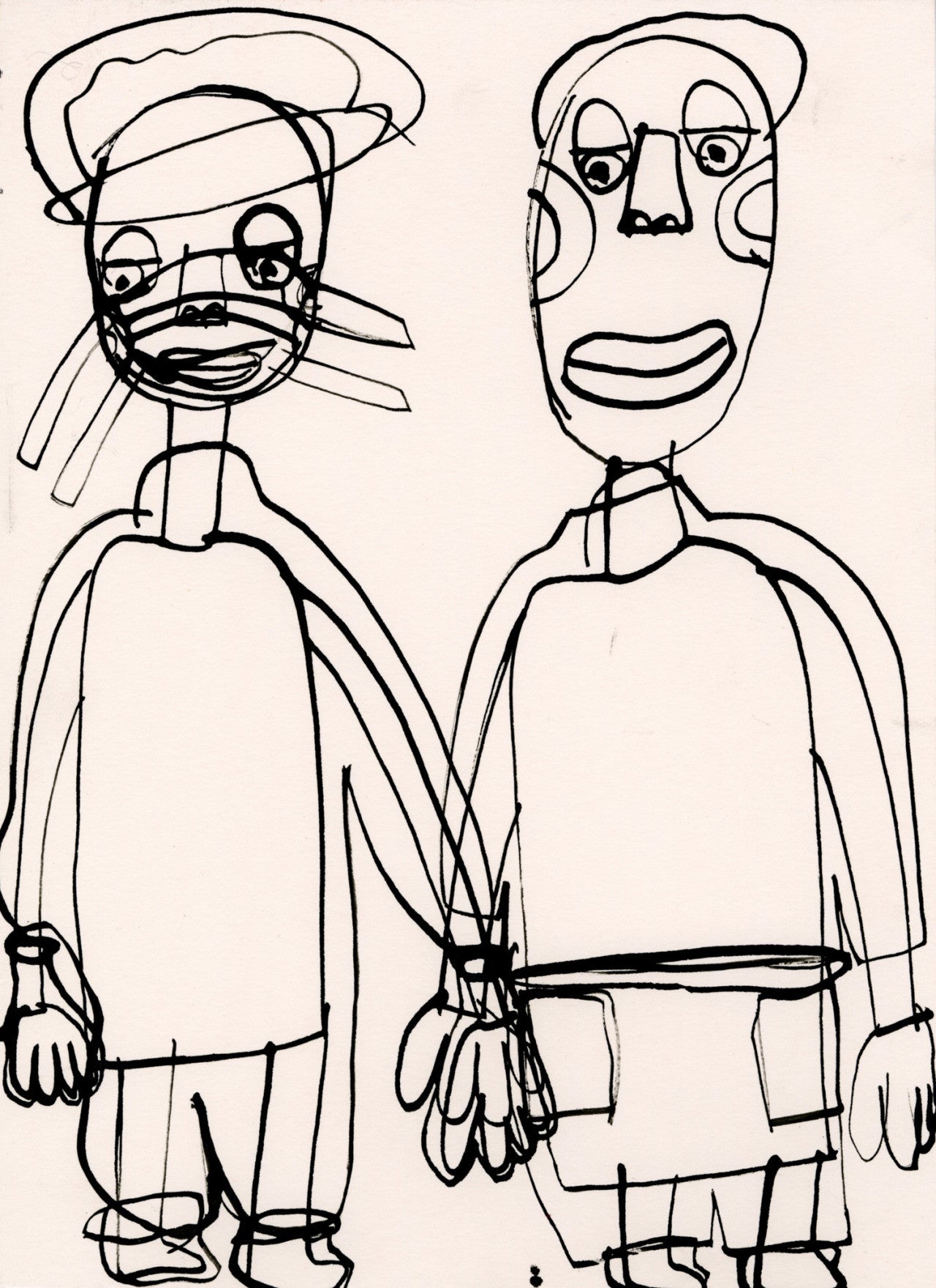 an ink drawing on cream colored paper. 2 figures with serene expressions stand holding hands and looking straight ahead at us. One wears a hairnet and a mask covering. 