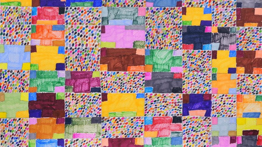 Blocks of jewel-toned rectangles alternate with blocks of confetti-shaped marks in a landscape-oriented geometric abstraction in colored pencil and pen by NIAD Studio Artist Elena Rossi.