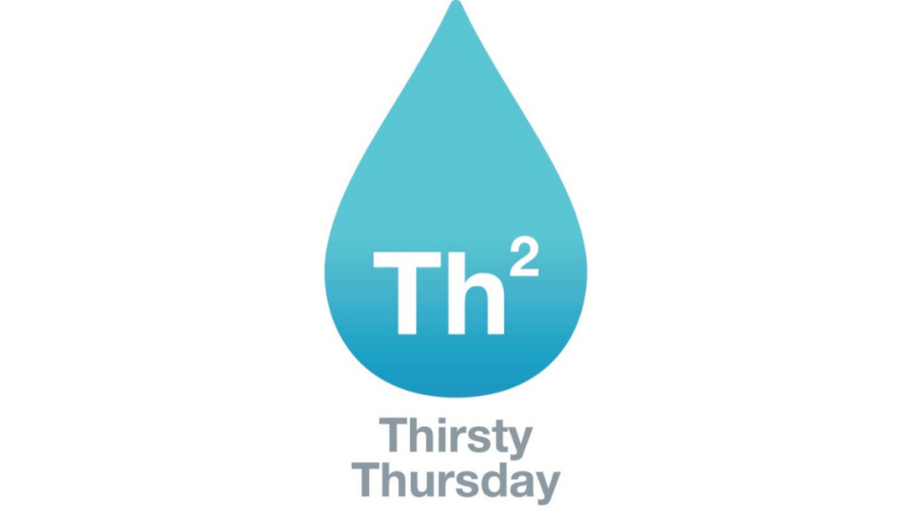 Thirsty Thursday Logo - a blue drop of water with "Th2" superimposed at the bottom and "Thirsty Thursday" underneath