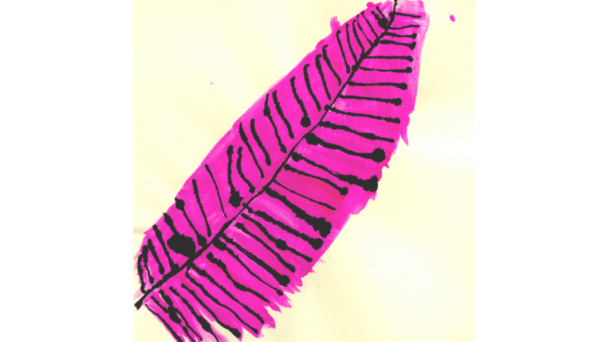 Untitled (D0653) mixed media on paper by NIAD studio artist Erica Martinez. image description: a bright magenta feather shape with black ink details on a light yellow background.