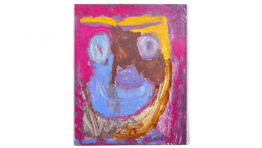 a face emerges from a canvas of exuberant brushstrokes - a cornflower blue muzzle, a lavender nose, yellow brows, skin in brown and magenta shades, surrounded by an aura of more magenta paint mixed with lavender and cornflower blue. the canvas is vertically oriented. the face is smiling.