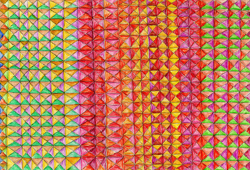 Untitled (D0897) by Julie MacDonald graphite on woven paper 13 x 19” unique 2019. Row after row of small squares, each divided into four bright triangles, stacked up across the picture plane to form an optical dance (perhaps more of a march?) of color.