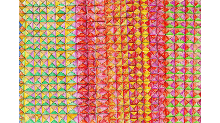 Untitled (D0897) by Julie MacDonald graphite on woven paper 13 x 19” unique 2019. Row after row of small squares, each divided into four bright triangles, stacked up across the picture plane to form an optical dance (perhaps more of a march?) of color.