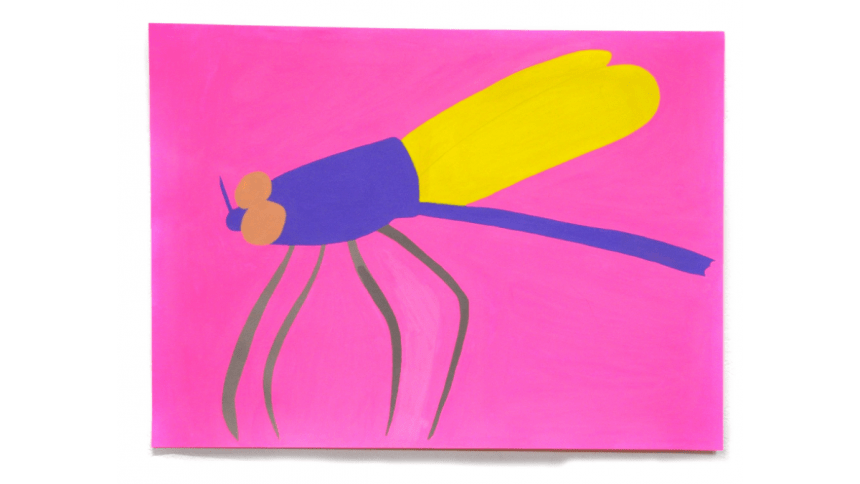 an acrylic painting on paper of an insect, with four olive green legs, yellow wings, a purple thorax and orange eyes on a bright pink background