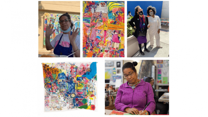 A collage of pictures involving NIAD studio artist Deatra Colbert and her artwork.