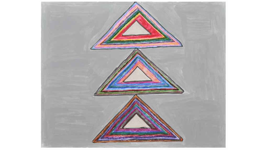 Three triangles are stacked on a background painted gray. These three triangles contain multiple other triangles, with bands of color and a blue or black border defining each triangle.