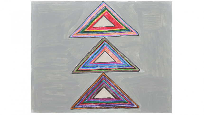 Three triangles are stacked on a background painted gray. These three triangles contain multiple other triangles, with bands of color and a blue or black border defining each triangle.