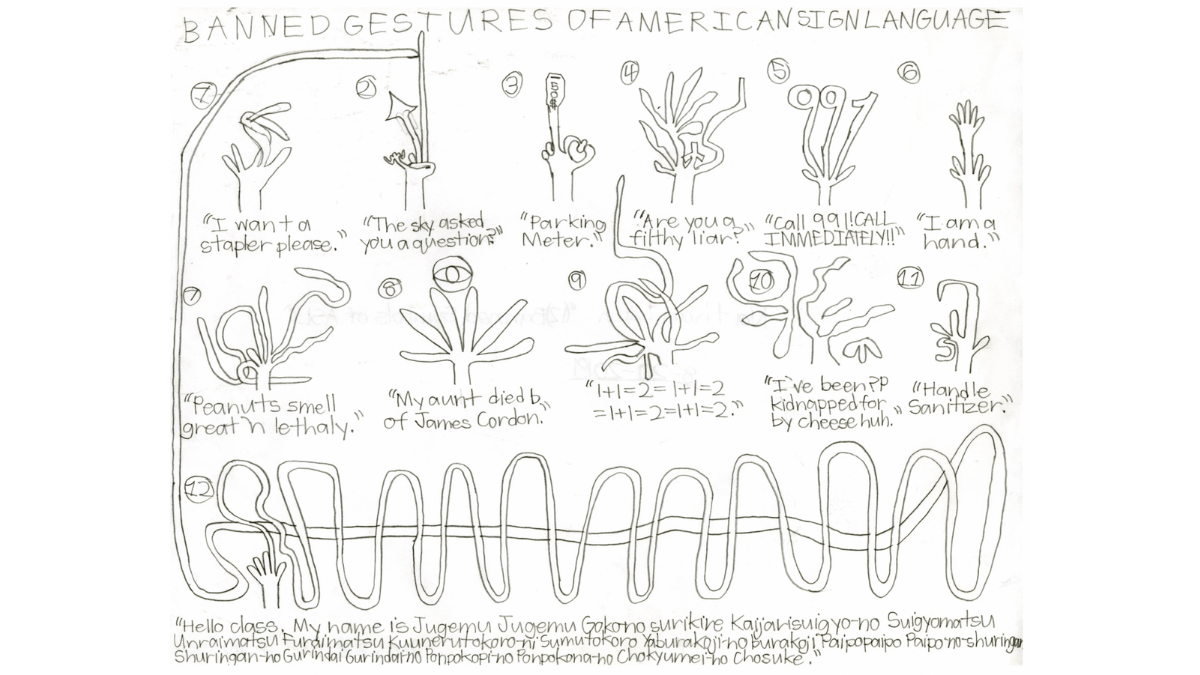 A cartoon drawing of two rows of six raised hands, each with a humorous caption naming a physically impossible gesture.