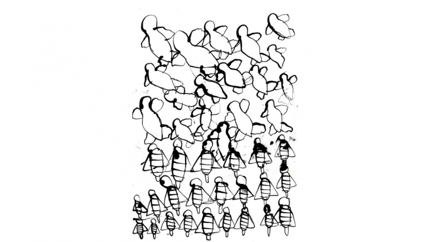 A black ink drawing, smudged in some areas, with three crowded rows of bees filling the bottom half and three rough rows of winged figures in the top half, jostling each other for space.