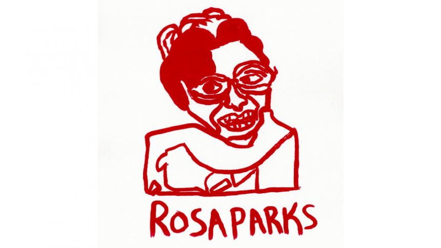 A screenprint portrait by NIAD studio artist Raven Harper in red ink of a female figure from the shoulders up. The words at the bottom of the print read "Rosa Parks".