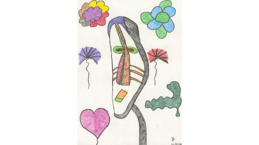 A drawing of an elongated mask, surrounded by colorful decorative elements like a pink heart, a purple fan, multi-colored cloud shapes and others.