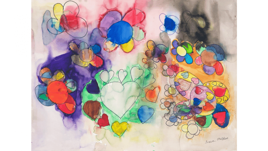 An ink drawing of floating hearts surrounded by smaller hearts, large floating flowers with hearts on the petals, flowers surrounded by flowers, all shapes filled with thin washes of color, blotched here and there. Some are colored with pencil. The colors are varied and bright. The artist's signature is in the bottom right corner.