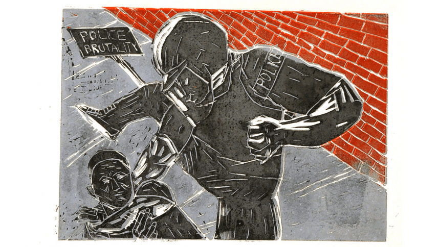 A print of a person wearing a helmet an an armband that reads "police" about to bring their foot down on the face of a person lying on the sidewalk. A protest sign that reads "POLICE BRUTALITY" lies nearby, next to a vivid red brick wall.
