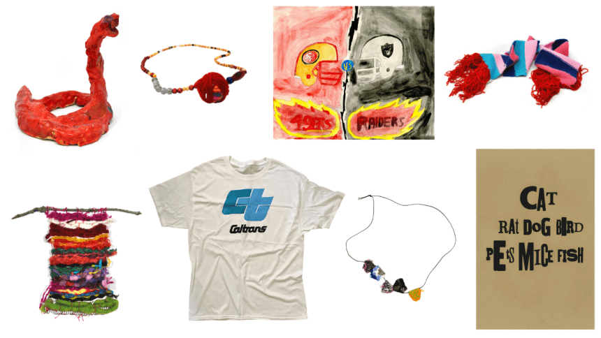 an arrangement of works by NIAD studio artists included in NIAD Holiday Gift Guide #5 - a red ceramic snake, a wrapped necklace, a watercolor of football helmets, a scarf, a weaving, a t shirt, a beaded necklace and a print