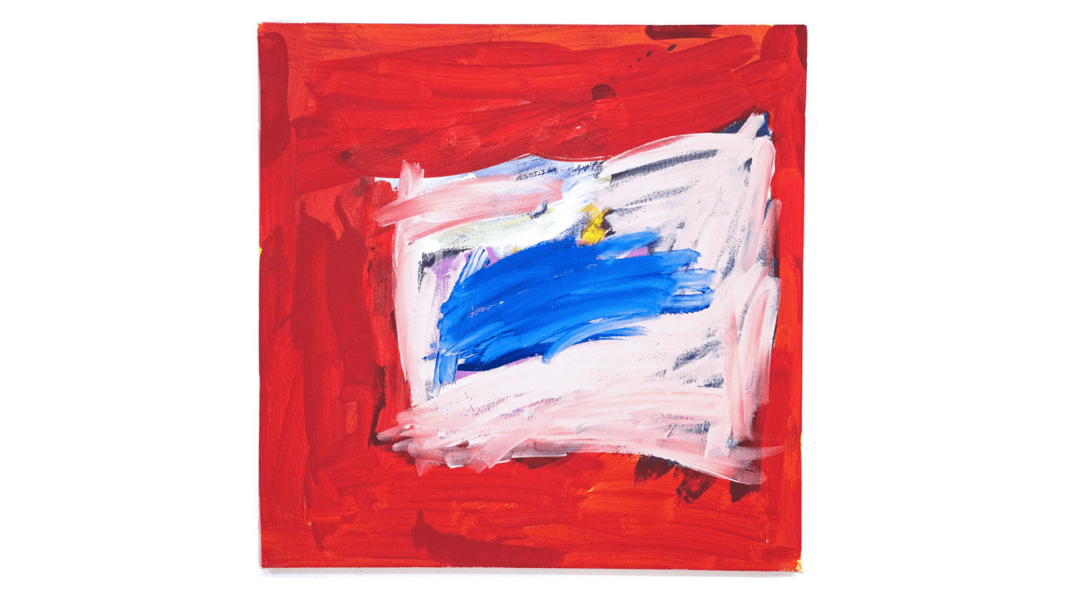 A square canvas with strong red brushstrokes around a smaller square of white brushstrokes surrounding a flurry of strong blue brushstrokes in the middle.