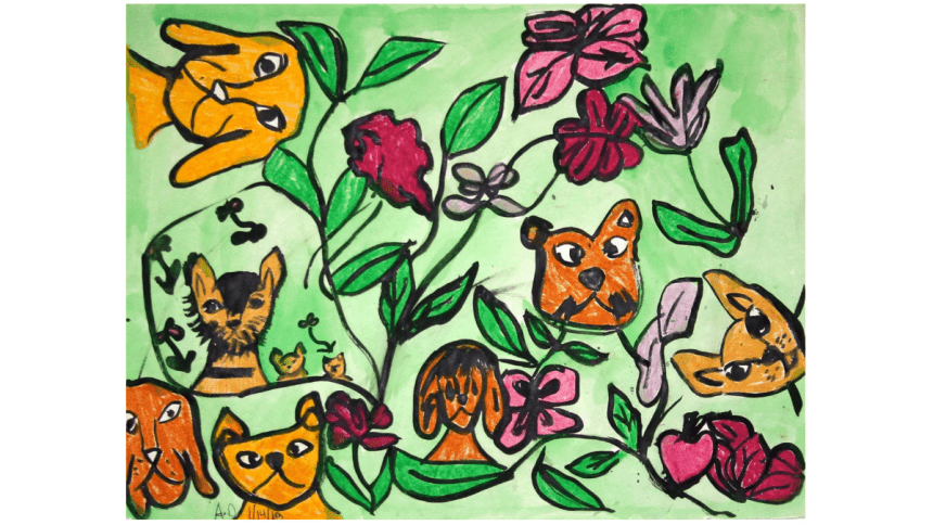 A handful of dogs (some brown, some yellow) and what appear to be a few cats poke their heads in sideways and here and there into a garden scene of red and pink flowers with twining stems and bright green leaves on a light green background. Only the heads and necks of the dogs (and cats, perhaps) are visible.