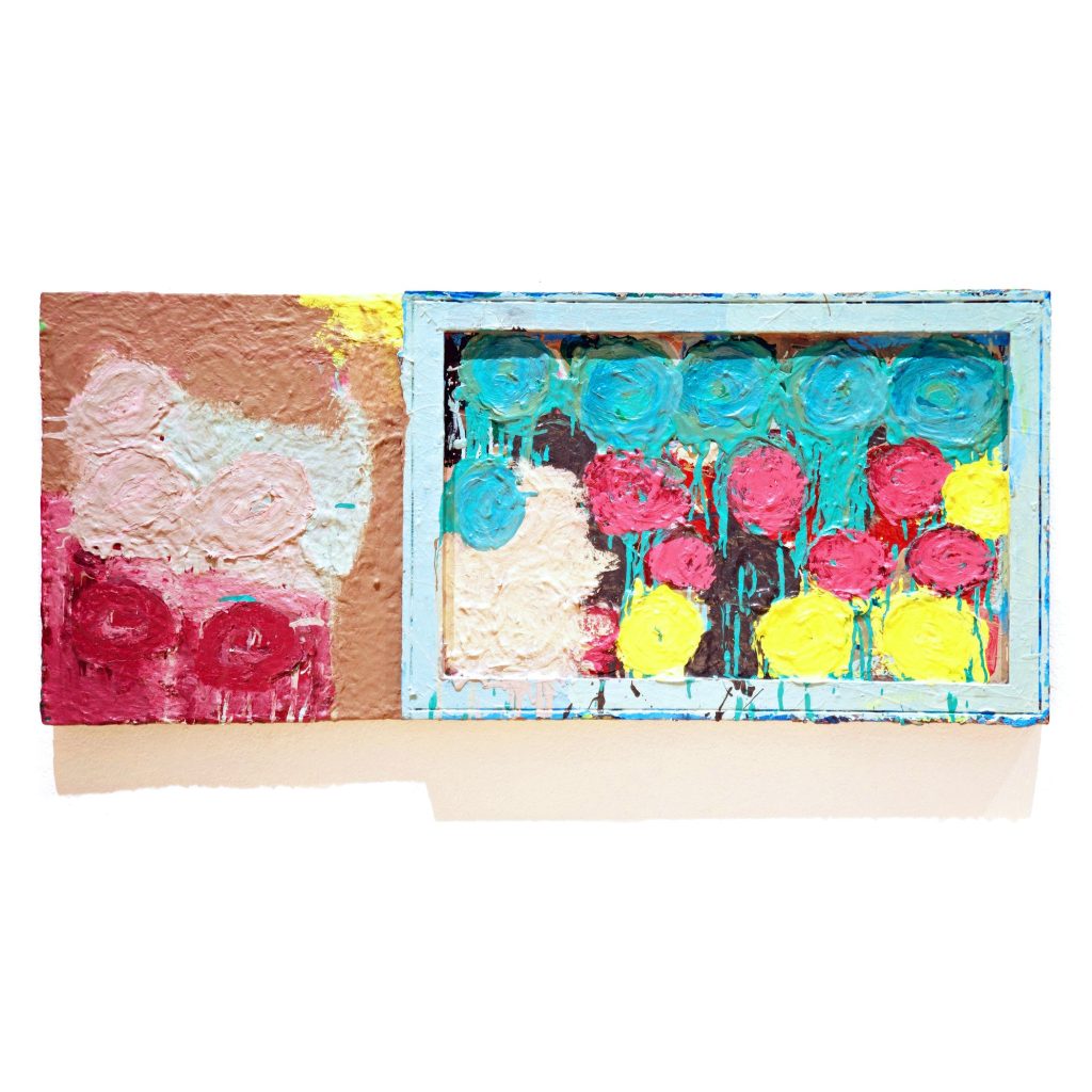 an acrylic painting on two joined canvases. a square on the left features thickly layered paint in reds, pinks, creamy white and a dash of yellow in the upper right corner. A rectangle with a light blue wooden frame attached features a similar pattern of round shapes, thickly painted, but in bright and drippy blues, pinks, and yellows, with a patch of the same creamy white in the lower left corner.