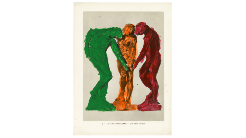 A manipulated image of three sculptures, standing in a half circle, bent and looking at the ground, colored green, orange and red.