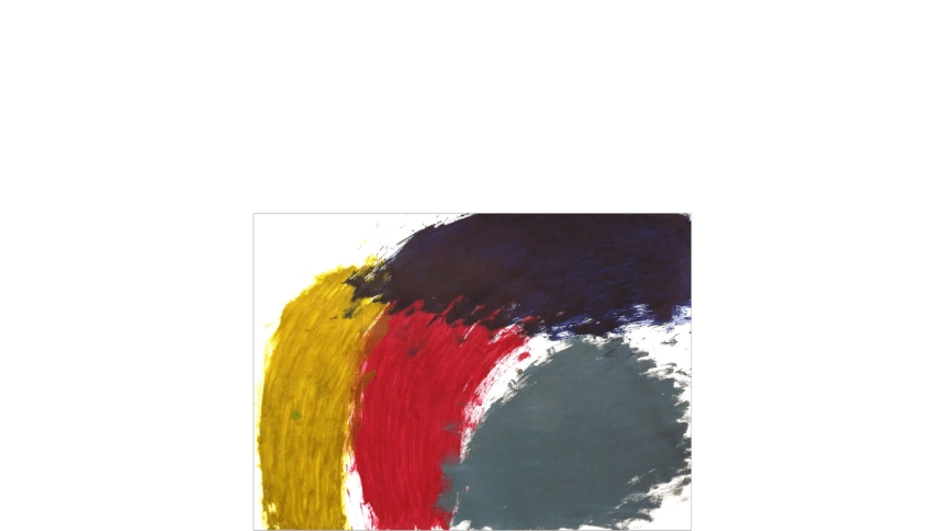 A painting on white paper in four colors - yellow, red, indigo and grey. Yellow and red form thick half arches on the left side of the paper. Indigo forms a cloud in the middle and top right corner. Grey is a mass in the mid to lower right. Brushstrokes visible in all the forms.