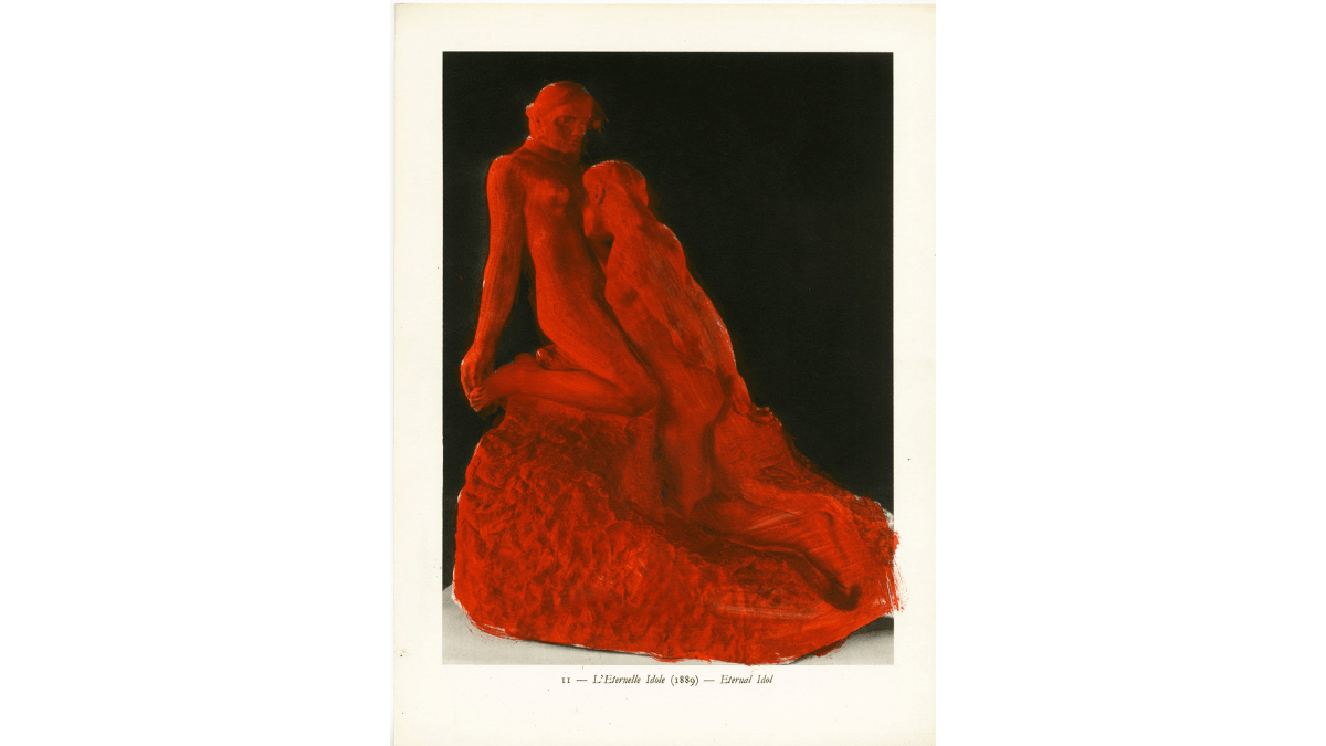 A manipulated image of Rodin's Eternal Idol by NIAD artist Lupe Soto - the sculpture of two figures covered with a translucent layer of red paint.