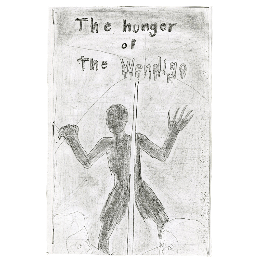 A graphite pencil drawing of an ominous human-like figure with outstretched claws, threatening two people in the foreground. The title is hand-drawn, with the word "Wendigo" dripping with... blood?
