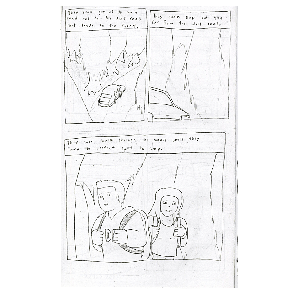 Three graphic panels - aerial view of the car driving through the woods; front view of the car driving through tall trees; Heather and Daniel wearing backpacks, walking through the woods.