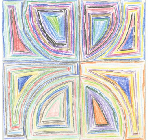 an abstract, geometric drawing, divided into four sections with arched shapes drawn in a rainbow of colors.