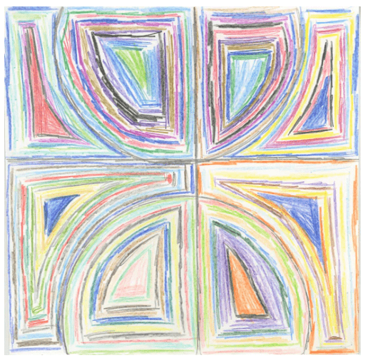an abstract, geometric drawing, divided into four sections with arched shapes drawn in a rainbow of colors.