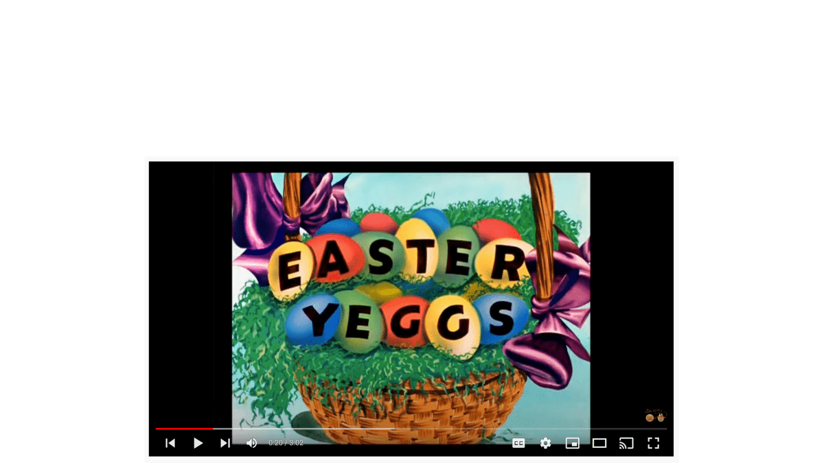A still from the opening credits of the Bugs Bunny cartoon "Easter Yeggs" - a cartoon of colored eggs in a basket with the letters E A S T E R Y E G G S drawn on each of them.