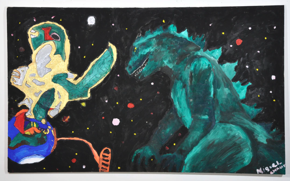 A painting of godzilla in outer space battling a robot enemy hovering over planet earth.
