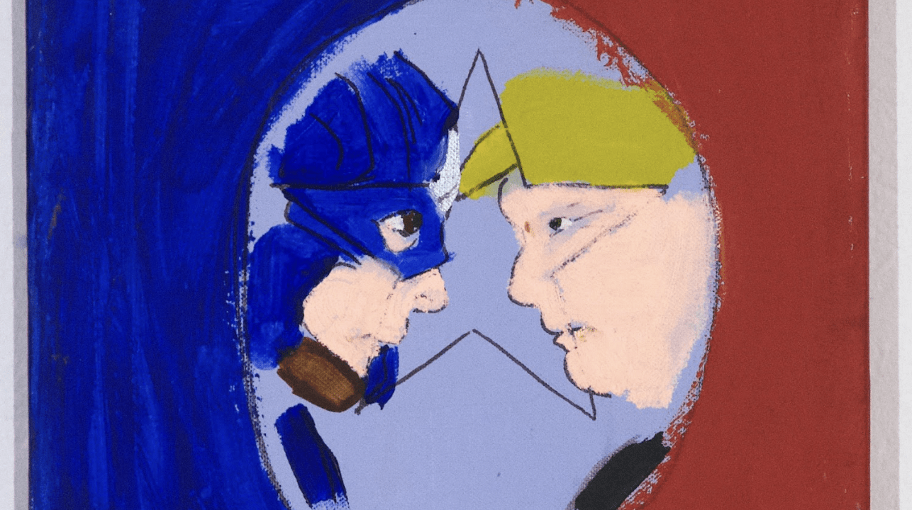 A painting of two male figures on profile, Donald Trump on the right facing a superhero in blue on the left. Painted text reads "United he'll fall / Captain America vs. Trump"