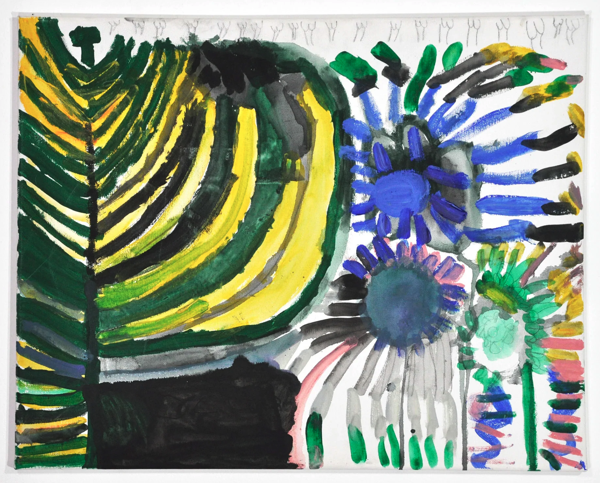 a mixed media work - a large yellow and green fern-like shape dominates the left side of the canvas, with lines radiating out from two circular objects to the left.