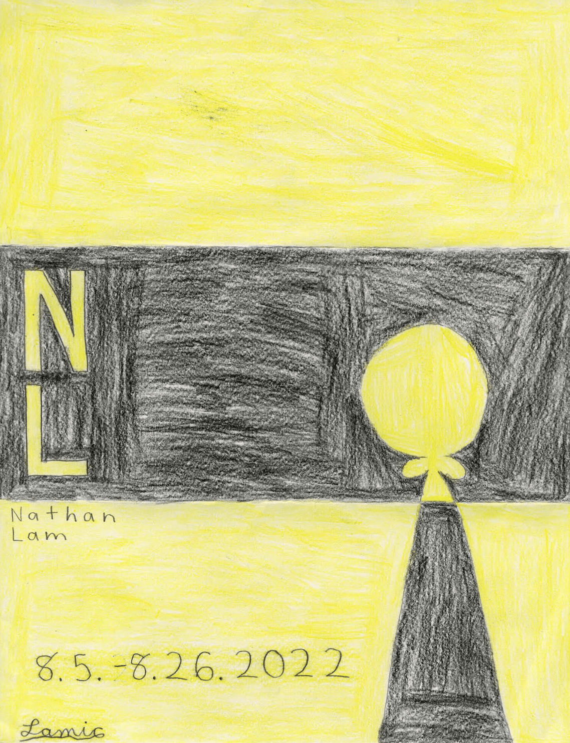 an exhibition flyer in pencil: a black stripe in the middle with yellow letters "N" and "L", and a yellow cartoon figure. Yellow stripes above and below. The figure casts a black shadow on the yellow stripe below. The exhibition dates and artist's name is in the bottom left corner.