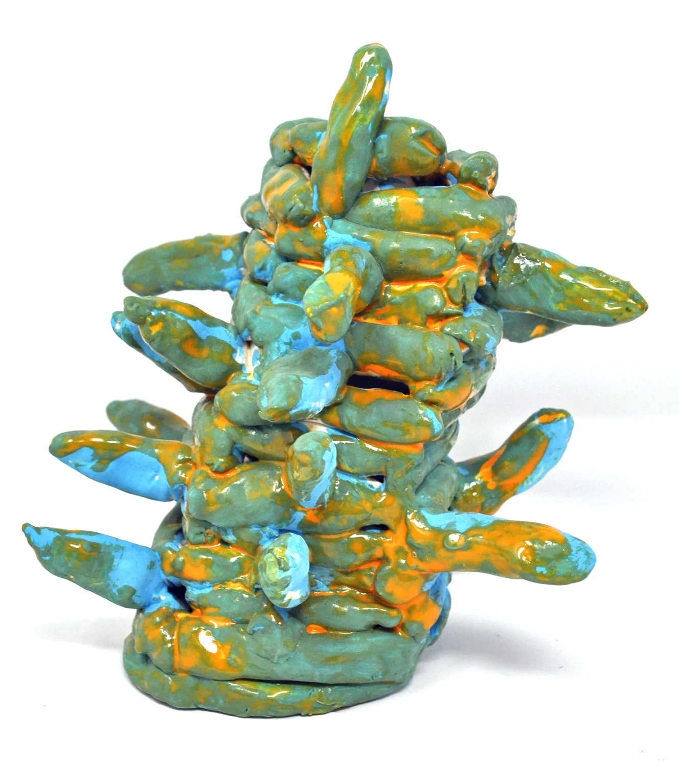 Ceramic tower made of small sections built one on top of the other. Green, blue and yellow glazes were used.