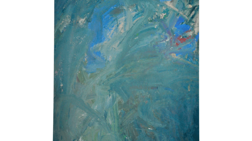 A large, vertically-oriented abstract painting in a lush, muted palette of blues and greens with a hint of red.